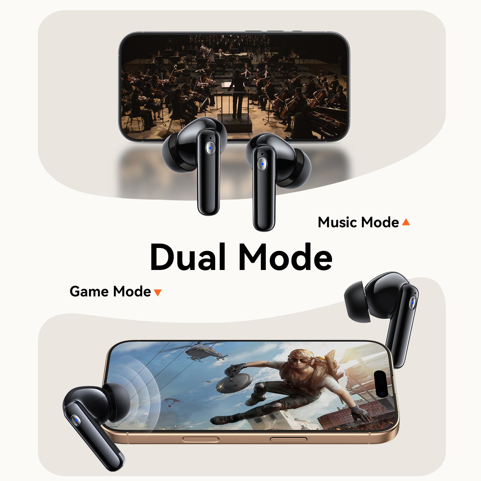 Joyroom Jbuds JR-BB3 dual mode — music mode and 65 ms low-latency game mode
