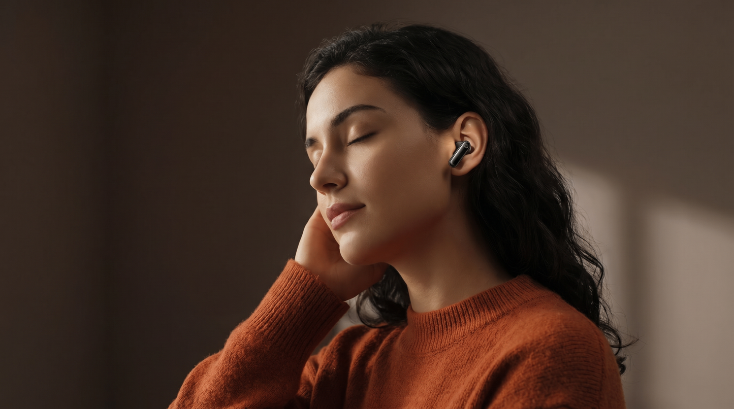 Woman relaxing while wearing Joyroom Jbuds JR-BB3 wireless earbud — everyday comfort