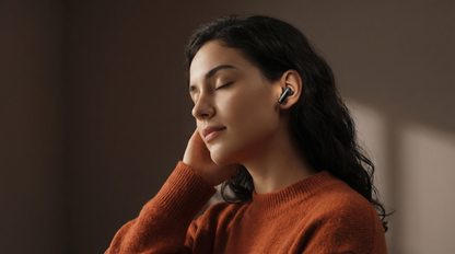 Woman relaxing while wearing Joyroom Jbuds JR-BB3 wireless earbud — everyday comfort