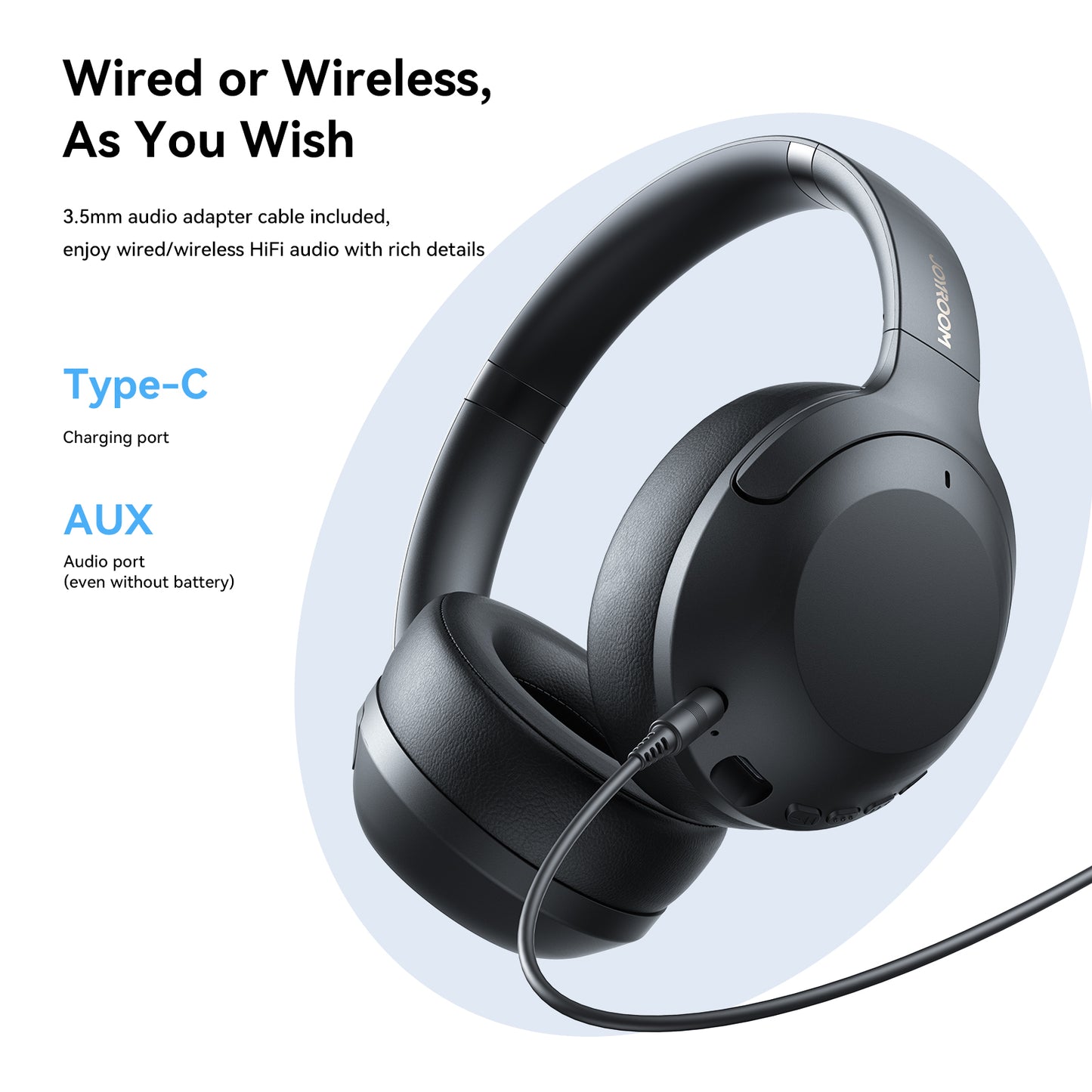 Joyroom JR-JH2 wired or wireless — 3.5 mm AUX and USB-C charging